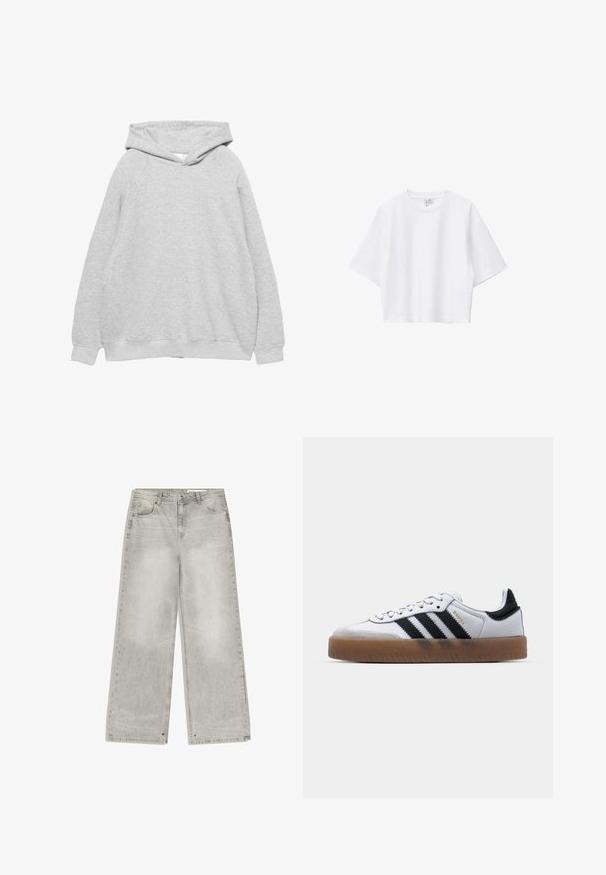 Sweatshirt à capuche gris clair avec une texture douce, des manches raglan et des bords côtelés au niveau des poignets et de l'ourlet. Design simple, sans graphiques ni motifs visibles.; T-shirt blanc court en coton doux, avec col rond, manches courtes et coupe décontractée. Design simple et polyvalent.; Jean denim gris à jambes larges avec une finition délavée, cinq poches et des éléments métalliques. Le tissu a une texture douce avec un ourlet net.; Baskets en cuir blanc avec des rayures noires, semelle extérieure en caoutchouc beige, bout rond, fermeture lacée et embout en suède gris doux.