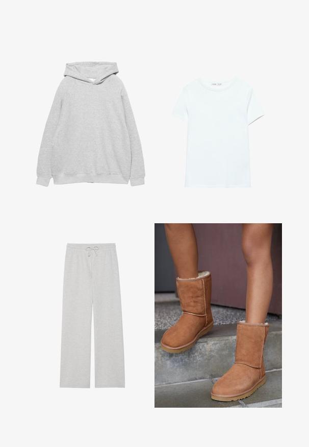 Sweatshirt à capuche gris clair avec une texture douce, des manches raglan et des bords côtelés au niveau des poignets et de l'ourlet. Design simple, sans graphiques ni motifs visibles.; T-shirt blanc uni en coton à manches courtes, col rond, présenté à plat sur un fond blanc, sans motifs ni logos visibles.; Pantalons de survêtement gris clair en mélange de coton doux, dotés d'une coupe large, d'une taille élastique avec cordon de serrage ajustable, et sans poches.; Bottines en suede marron, à bout rond, avec une doublure douce et une semelle en caoutchouc, présentant des détails de couture visibles le long des coutures.