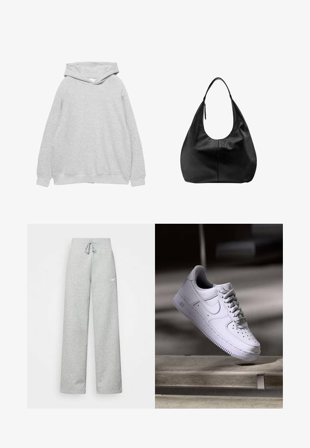 Sweatshirt à capuche gris clair avec une texture douce, des manches raglan et des bords côtelés au niveau des poignets et de l'ourlet. Design simple, sans graphiques ni motifs visibles.; Pantalon de survêtement gris avec une taille élastique, un détail de cordon de serrage et un petit logo Nike blanc sur la cuisse gauche. Tissu doux, coupe ample.; Baskets Nike Air Force 1 blanches lévitant au-dessus d'une surface en béton avec des ombres dans un cadre minimaliste.; Sac à main hobo décontracté en cuir noir avec une seule bandoulière large et un détail de tirette de fermeture éclair sur fond blanc uni.