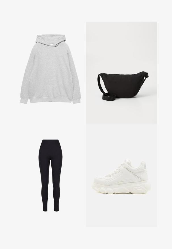 Lys grå hættetrøje med en blød tekstur, raglanærmer og ribbede manchetter og kant. Enkelts design, uden synlige grafik eller mønstre.; Sorte højtaljerede leggings, lavet af strækbart stof, med en glat tekstur og en tætsiddende design uden synlige sømme eller mønstre.; Hvid chunky sneaker med tyk sål, snørelukning og "Buffalo" branding på siden og hælen.; Sort hobo taske lavet af blødt stof, med en buet form, lynlåslukning og en bred justerbar rem. Glat tekstur uden mønstre.