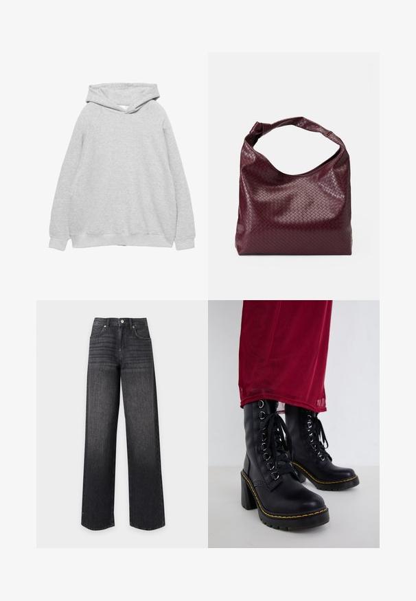 Lys grå hættetrøje med en blød tekstur, raglanærmer og ribbede manchetter og kant. Enkelts design, uden synlige grafik eller mønstre.; Sort højtaljede jeans i straight-leg denim med forlommer, bæltestropper, knap og lynlås på hvid baggrund.; Sorte læderankelstøvler med en kraftig hæl, prydet med snørelukning, sølvøjer og gule syninger langs sålen.; Burgunderfarvet taske med et tekstureret, vævet mønster, blødt lædermateriale og et enkelt, knyttet håndtag. Rummeligt, hobo-stil design.