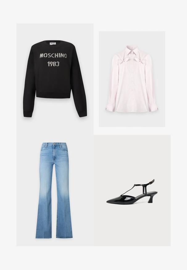 Μαύρο φούτερ Moschino με ριμπ μανσέτες και τελείωμα, με άσπρο κείμενο "MOSCHINO 1983" σε στυλ στένσιλ στο μπροστινό μέρος.; Ροζ μακρυμάνικο πουκάμισο με κουμπιά, μυτερό γιακά, τσέπες στο στήθος και διακοσμητικά φιογκάκια πάνω από τις τσέπες σε απλό φόντο.; Ανοιχτό μπλε τζιν με ψηλή μέση και φαρδιά μπατζάκια, πέντε τσέπες και κούμπωμα με κουμπί και φερμουάρ μπροστά.; Μαύρο παπούτσι slingback από λουστρίνι με μυτερή μύτη, T-στραπ και χαμηλό κεκλιμένο τακούνι, σε λευκό φόντο.