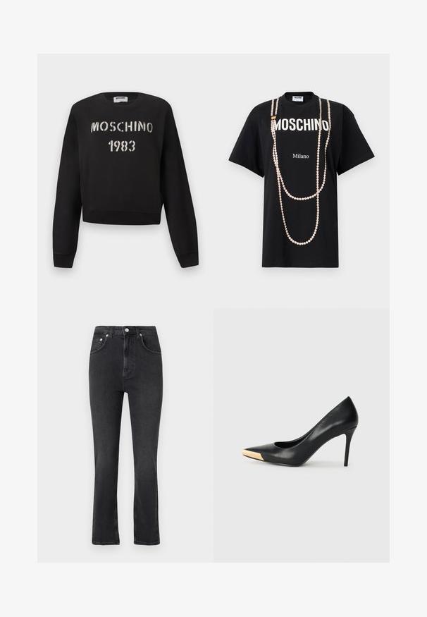 Μαύρο φούτερ Moschino με ριμπ μανσέτες και τελείωμα, με άσπρο κείμενο "MOSCHINO 1983" σε στυλ στένσιλ στο μπροστινό μέρος.; Μαύρο T-shirt με κείμενο "MOSCHINO" και "Milano". Διακοσμημένο με ανάγλυφη εκτύπωση ροζ χάντρων πέρλας που μοιάζουν με κρεμαστά κολιέ. Κοντά μανίκια.; Μαύροι τζιν με ίσια γραμμή, μέση ψηλή, μπροστινές τσέπες, θηλιές για ζώνη, κούμπωμα με κουμπί και εμφανείς ραφές σε ανοιχτό φόντο.; Μαύρη δερμάτινη γόβα με ψηλό τακούνι και μυτερή μύτη. Διαθέτει μεταλλική χρυσή λεπτομέρεια στο καπάκι της μύτης. Λείο επιφάνεια με κομψό σχέδιο.