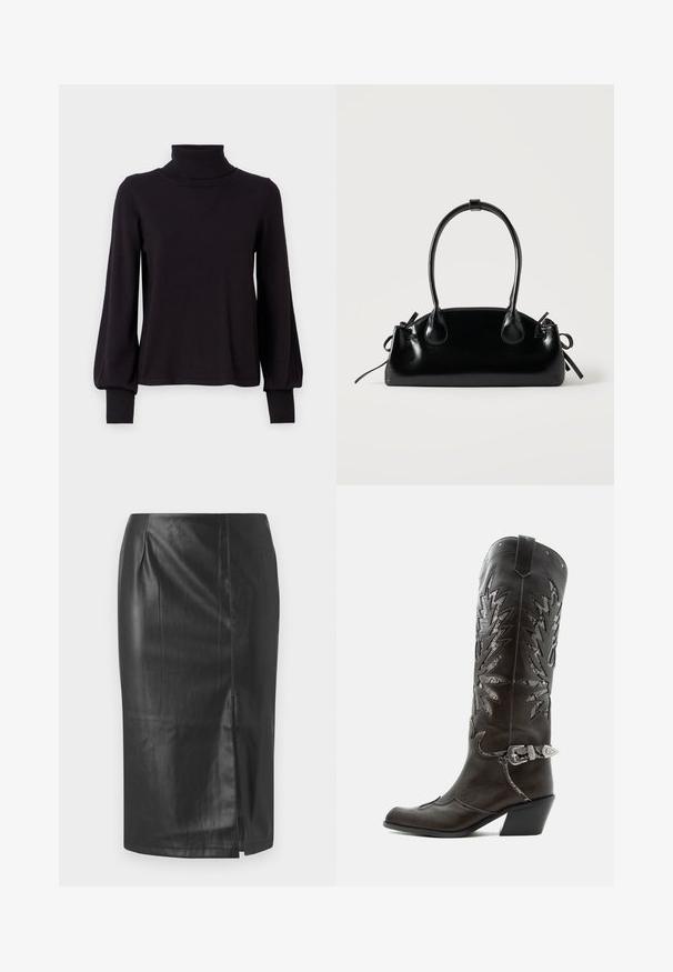 VILA VIAMANDA TURTLE NECK - Πουλόβερ - black; Μαύρη δερμάτινη μίνι φούστα με κομψό σχεδιασμό, η οποία διαθέτει πλαϊνή σχισμή και λείο υφή, κατάλληλη για επίσημες ήCasual περιστάσεις.; Μαύρη δερμάτινη καουμπόικη μπότα με διακοσμητικές περικοπές, ασημένια πόρπη και κεκλιμένο τακούνι, εμφανιζόμενη σε λευκό φόντο.; Μικρή μαύρη γυαλιστερή τσάντα με δύο μακριές λαβές και λεπτομέρειες με ρυθμιζόμενο κορδόνι στο πλάι σε απλό ανοιχτό φόντο.