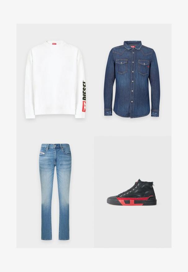 Sweat-shirt blanc à col rond, avec un logo "DIESEL" rouge et noir sur la manche gauche. Confectionné en tissu doux et lisse.; Chemise en denim bleu foncé à manches longues, col pointu, deux poches poitrine, fermetures à boutons argentés et légères touches d'usure.; Jean en denim bleu clair avec une coupe ajustée, présentant une jambe droite et un léger délavé vers le bas. Style classique à cinq poches.; Baskets montantes noires avec des accents rouges et une finition usée. Caractérisées par une tige en toile texturée et une semelle en caoutchouc avec un design découpé.