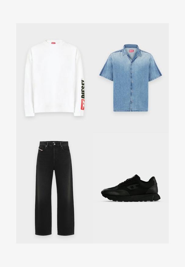 Sweat-shirt blanc à col rond, avec un logo "DIESEL" rouge et noir sur la manche gauche. Confectionné en tissu doux et lisse.; Chemise en jean à manches courtes bleu clair avec bords effilochés, boutons sur le devant et col pointu. Présente une étiquette de marque rouge au niveau du cou.; Jean noir à jambe large en denim, avec une taille haute, des poches avant et une texture légèrement délavée, doté d'une fermeture à bouton classique.; Baskets basses noires avec cuir texturé et panneaux en tissu, fermeture lacets et semelle épaisse en caoutchouc sur un fond clair uni.