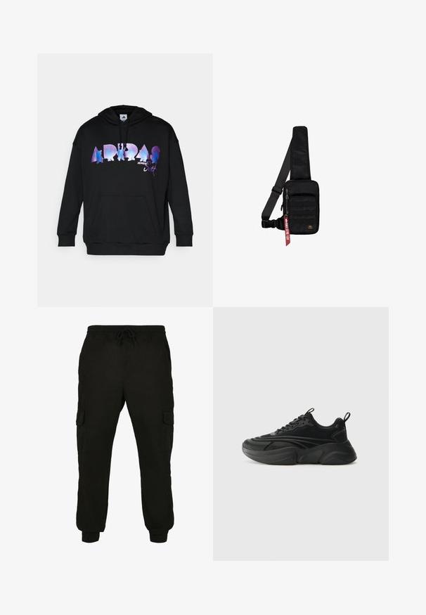 Čierna mikina s kapucňou so širokým, farebným gradientom loga "ADIDAS" dizajnovaným Jeremy Scottom, klokanie vrecko a kapucňa na šnúrku.; Čierne cargo nohavice vyrobené z mäkkej tkaniny, s elastickým pásom na šnúrku, bočnými vreckami a zúženými manžetami.; Čierne športové topánky s okrúhlou podrážkou, textúrovaným zvrškom a polstrovaným golierom. Obsahujú šnurovanie, pútko a vrstvené dizajnové prvky.; Čierna taška cez rameno z textúrovanej tkaniny. Má hlavný oddiel so zipsom, predné vrecko s popruhom, nastaviteľný remienok a dekoračnú visačku.
