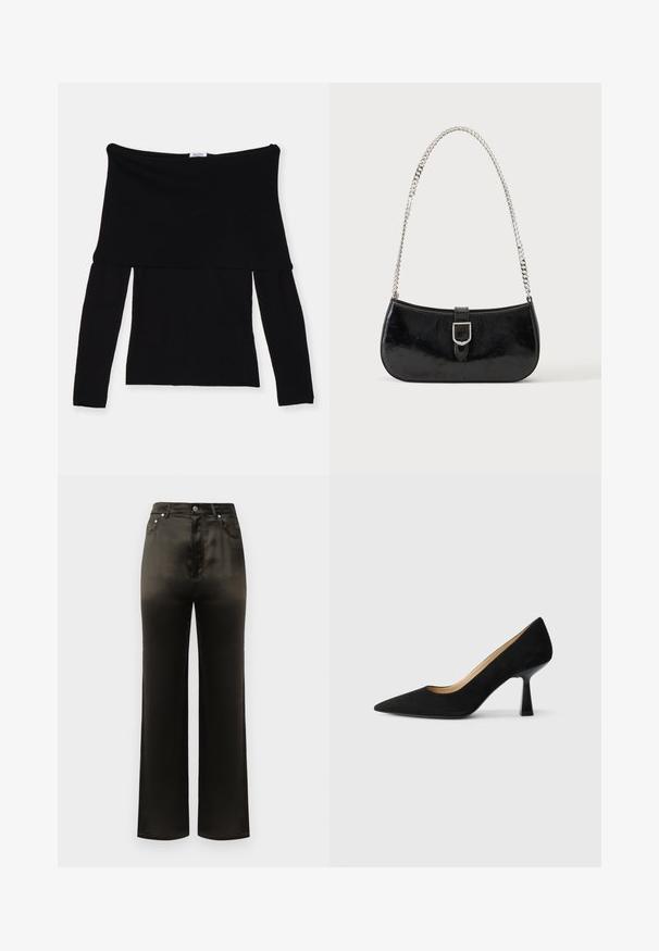 Haut noir à épaules dénudées et manches longues en tissu doux. Présente un corps ajusté et un large décolleté. Design simple et sans couture.; Pantalon large en satin noir avec une taille haute, doté de poches latérales et d'accents en boutons métalliques. Texture lisse et design épuré.; Pompe à talons hauts en suède noir avec un bout pointu, dotée d'un talon bloc noir brillant et d'une doublure intérieure lisse.; Sac à épaule en cuir verni noir avec détail de boucle argentée et bandoulière en chaîne argentée, présenté sur un fond uni clair.