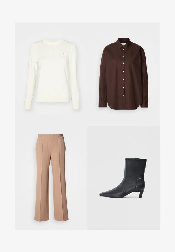 Pull crème clair, texture tricotée, col rond, manches longues, poignets et ourlet côtelés. Détail logo discret sur la poitrine.; Chemise brune à boutons en tissu coton, dotée de manches longues, d'une poche poitrine, de boutons blancs et d'un col classique.; Pantalon large beige clair en tissu lisse. Il présente une taille élastique et des plis à l'avant pour plus de détail.; Bottines en cuir noir avec un bout pointu et un petit talon. Présentent une texture lisse et un petit détail en logo doré sur le côté.