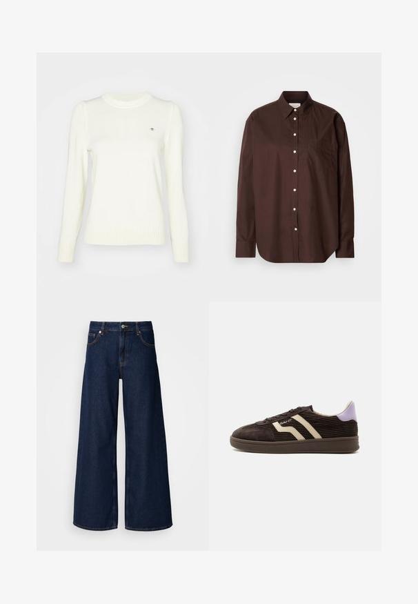 Lyscreme sweater, strikket tekstur, crew neck, lange ærmer, ribbede manchetter og søm. Diskret logodetalje på brystet.; Brun knap-up skjorte i bomuldsstof, med lange ærmer, en brystlomme, hvide knapper og et klassisk kravedesign.; Bredde ben mørkeblå denimbukser med høj talje, frontlommer og knaplukning. Har kontrastsyninger og en glat tekstur.; Mørkebrun kordfløjls-sneaker med beige sidelommer, snøredesign, lilla hælflap og gummisål mod en hvid baggrund.