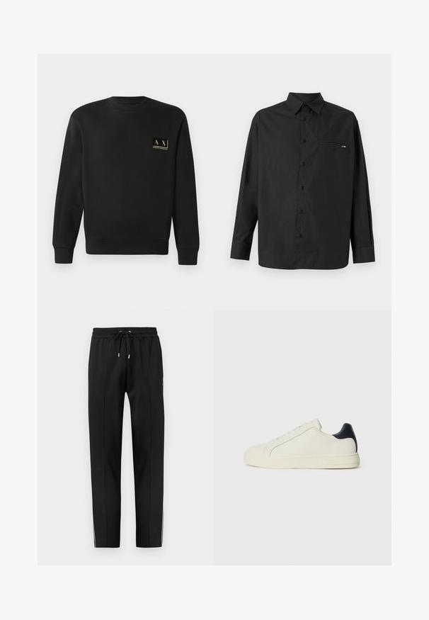 Schwarzer Langarm-Crewneck-Pullover mit kleinem beigen Armani Exchange-Logo auf der linken Brust.; Schwarzes Langarmhemd aus glattem Stoff, mit Kragen, Knopfleiste, einer Brusttasche und dezenter Markenkennzeichnung auf der Tasche.; Schwarze, zulaufende Jogginghosen mit elastischem Bund und Kordelzug, versehen mit dezenten Nahtdetails und weißen Seitenstreifen an den unteren Beinen.; Weiße Leder-Sneaker mit einem marineblauen Lederakzent an der Ferse, runder Zehenpartie, flacher Gummisohle und Schnürung mit sechs Ösen.