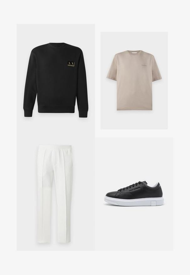 Schwarzer Langarm-Crewneck-Pullover mit kleinem beigen Armani Exchange-Logo auf der linken Brust.; Beige Kurzarm-Rundhals-T-Shirt mit kleinem „Tiger of Sweden“-Logo auf der linken Brust, dargestellt vor weißem Hintergrund.; Weiße, gerade geschnittene Hosen mit elastischem Bund und vorderen Bügelfalten, an einem neutralen Hintergrund hängend präsentiert.; Schwarze Leder-Sneaker mit weißer Gummisohle, Schnürdesign und geprägtem Logo-Detail an der Seite. Rundliche Zehenform und glatte Textur.