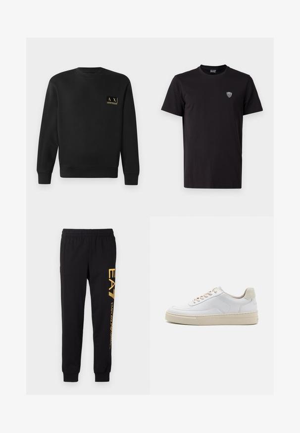Schwarzer Langarm-Crewneck-Pullover mit kleinem beigen Armani Exchange-Logo auf der linken Brust.; Schwarzes T-Shirt mit kurzen Ärmeln aus glattem Stoff, mit einem dezenten gestickten Logo auf der linken Brust und einem klassischen Rundhalsausschnitt.; Schwarze Sweatpants aus weichem Stoff, mit einem elastischen Bund und Bündchen an den Knöcheln. Gelbe Markenbezeichnung vertikal auf dem linken Bein aufgedruckt.; Weiße Sneaker mit einem glatten Lederobermaterial, beigen Schnürsenkeln und einer strukturierten, beigen Wildleder-Fersenschlaufe. Erhöhte Sohle für zusätzlichen Komfort.