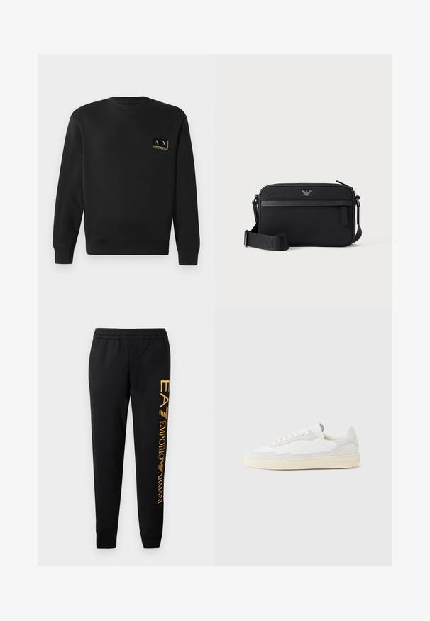 Schwarzer Langarm-Crewneck-Pullover mit kleinem beigen Armani Exchange-Logo auf der linken Brust.; Schwarze Jogginghose mit elastischem Bund und gerippten Säumen. Mit einem vertikalen goldenen Logodruck auf dem linken Bein. Aus weichem Stoff gefertigt.; Weißer Sneaker mit strukturiertem Obermaterial aus Wildleder und Leder. Verfügt über eine runde Zehenpartie, Schnürverschluss und eine kontrastierende beige Gummisohle.; Schwarze rechteckige Umhängetasche mit vorderer Reißverschlusstasche, verstellbarem Schultergurt und kleinem Metalllogo oben in der Mitte.