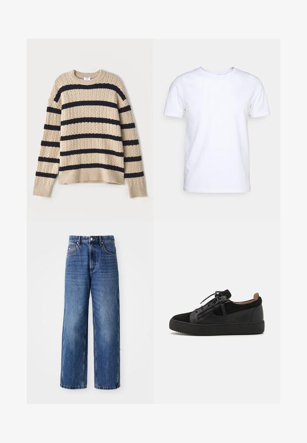 Beige strikket sweater med mørk navy horisontale striber, med en struktureret mønster og ribbede manchetter. Rund halsudskæring og afslappet pasform.; Hvid kortærmet t-shirt i bomuldsstof med rund halsudskæring. Enkel design uden mønstre eller detaljer. Glat tekstur.; Blå denim bredfodsjeans med høj talje, synlig syning, frontlukning med knap og løs pasform, præget af en falmet vask og sidelommer.; Giuseppe Zanotti DOUBLE ZIP - Sneakers - black