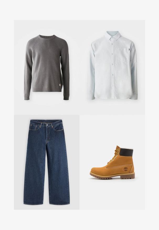 Grauer, gerippter Strickpullover mit langen Ärmeln und Rundhalsausschnitt. Mit einer strukturierten Oberfläche und einem kleinen Logopatch am Saum.; New Balance OXFORD - Hemd - blue; Dunkelblaue Jeans mit weitem Bein, Vordertaschen, Knopfverschluss und Gürtelschlaufen, flach auf einem hellen Hintergrund ausgelegt.; Braune Leder-Ankle-Boots mit Metallösen, weißem Kunstfellfutter, schwarzem gepolstertem Kragen, robustem Sohlenprofil und geprägtem Logo an der Seite.
