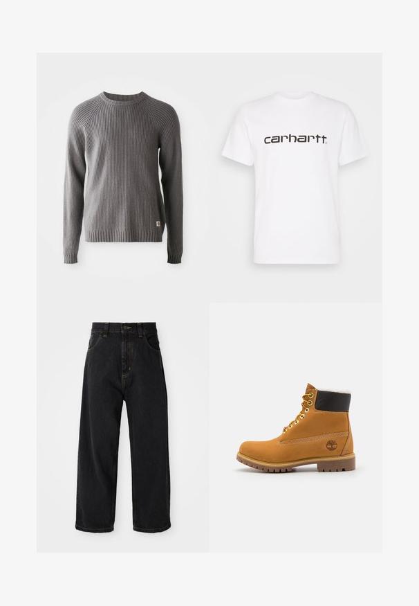 Grå ribbestrikket sweater med lange ærmer og rund halsudskæring. Har en tekstureret overflade og et lille logo mærke på kanten.; Hvid bomulds t-shirt med korte ærmer og rund halsudskæring. Har et stort "carhartt" logo i mørkebrun på tværs af brystet.; Sorte denim jeans med vide ben og høj talje, frontknap, lynlås samt gule syninger på lommer og sømme.; Brune læder ankelstøvle med metaløjer, hvid pelsforing, sort polstret krave, robust sål og præget logo på siden.