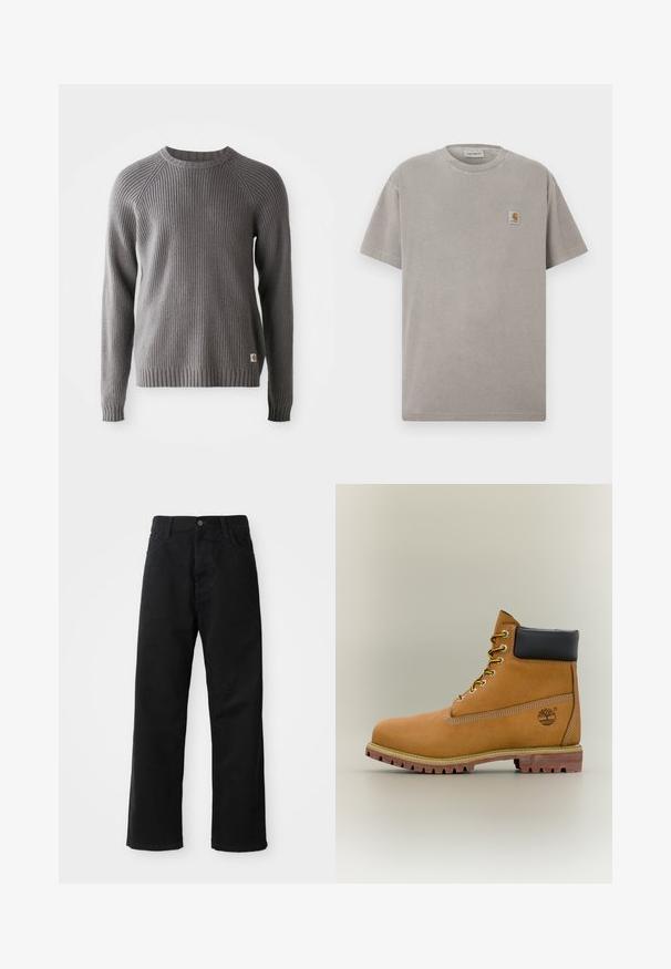 Pull en tricot côtelé gris avec des manches longues et un col rond. Présente une surface texturée et une petite étiquette de logo à l'ourlet.; T-shirt en coton gris à manches courtes, col rond, avec une petite écusson carré sur le côté gauche de la poitrine. Texture lisse et coupe décontractée.; Pantalons en denim noir à coupe droite, avec poches avant, fermeture éclair et un seul bouton supérieur. Tissu texturé avec une finition mate.; Bottine en cuir marron avec col noir, lacets jaunes et semelle beige. Présente un logo et des détails de couture blanche. Semelle extérieure à traction robuste.