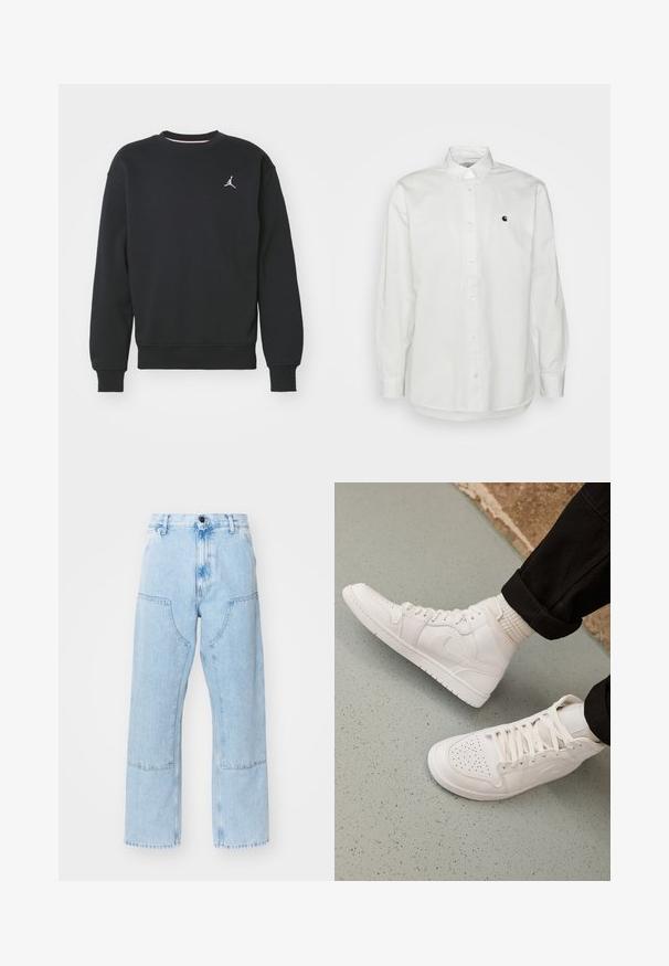 Schwarzes Sweatshirt aus Baumwollmischung, mit Rundhalsausschnitt, gerippten Bündchen und dem auf der Brust gestickten Jordan-Logo.; Weißes Langarm-Hemd mit Knöpfen aus Baumwolle, das ein kleines schwarzes Logo auf der linken Brust trägt und einen klassischen Kragen mit Knopfdetails aufweist.; Hellblaue, gerade geschnittene Jeans mit großen Fronttaschen und kontrastierenden Nähten. Der Stoff hat eine ausgewaschene, weiche Textur.; Weisse High-Top-Sneaker aus glattem Leder mit perforierter Zehenpartie, Schnürverschluß und dezentem Logodetail an der Seite. Strukturierte Gummisohle.