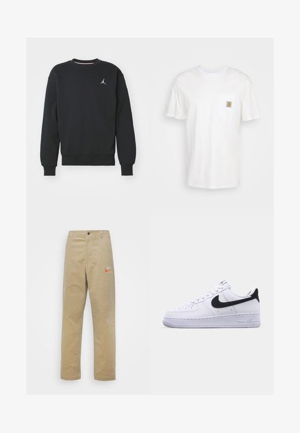 Schwarzes Sweatshirt aus Baumwollmischung, mit Rundhalsausschnitt, gerippten Bündchen und dem auf der Brust gestickten Jordan-Logo.; Weißes Baumwoll-T-Shirt mit kurzen Ärmeln, einer Brusttasche und einem kleinen quadratischen Logopatch in Orange und Weiß auf der Tasche.; Nike Sportswear TREND PANT - Stoffhose - khaki/team orange/khaki; Weißes Leder-Sneaker mit einem strukturierten schwarzen Swoosh, flachen Schnürsenkeln und einer Gummisohle mit genoppetem Muster. "AIR" ist auf der Ferse eingeprägt.
