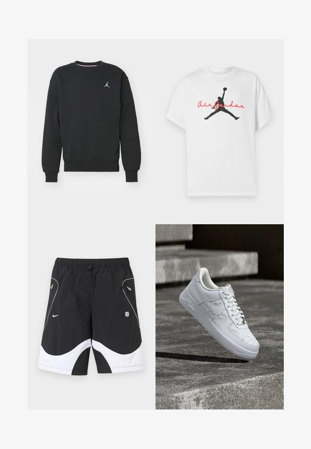 Schwarzes Sweatshirt aus Baumwollmischung, mit Rundhalsausschnitt, gerippten Bündchen und dem auf der Brust gestickten Jordan-Logo.; Weißes Baumwoll-T-Shirt mit schwarzer Silhouette eines Basketballspielers und rotem "Air Jordan"-Schriftzug auf der Brust. Kurzärmlig, klassische Passform.; Schwarz-weiße Nike-Sportshorts mit elastischem Bund, Kordelzug, seitlichen Reißverschlusstaschen und reflektierendem Besatz an den Vorderpaneelen.; Weißer Nike Air Force 1 Sneaker mit geprägten Sternmustern und einem metallischen Stern-Schnürsenkelanhänger, der über einer Betonoberfläche schwebt.