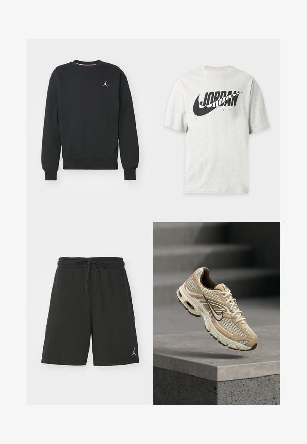 Schwarzes Sweatshirt aus Baumwollmischung, mit Rundhalsausschnitt, gerippten Bündchen und dem auf der Brust gestickten Jordan-Logo.; Hellgraues T-Shirt mit kurzen Ärmeln, schwarzem Nike-Swoosh und "JORDAN AIR" Text auf der Vorderseite.; Schwarze Sportshorts aus weichem Material, mit einem elastischen Bund und Kordelzug, seitlichen Taschen und einem kleinen Logo am linken Bein.; Beiger und weißer Nike Laufschuh mit Mesh-Paneelen und schwarzem Swoosh, schwebt über einem Betonsims mit unscharfen Treppen im Hintergrund.