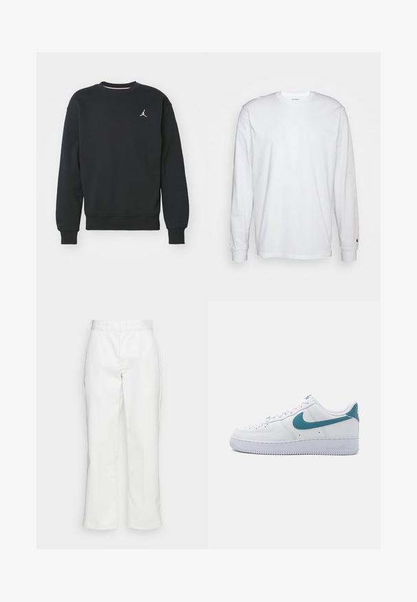 Zwarte sweatshirt gemaakt van een katoenmix, voorzien van een ronde hals, geribde manchetten en het Jordan-logo geborduurd op de borst.; Witte lange mouwen T-shirt van katoen. Ronde hals ontwerp met ribgebreide manchetten en een klein logo op de linkermouw. Gladde textuur.; Witte katoenen broek met een recht model, riemlussen en zijzakken, met een gladde textuur en minimale detaillering.; Nike Sportswear AIR FORCE ESSENTIAL - Sneakers laag - white/smokey blue