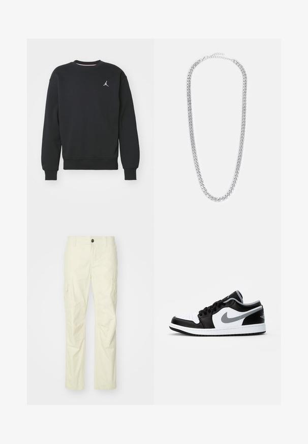 Zwarte sweatshirt gemaakt van een katoenmix, voorzien van een ronde hals, geribde manchetten en het Jordan-logo geborduurd op de borst.; Beige cargobroek gemaakt van lichtgewicht stof, met zijzakken, een knoopsluiting en rechte pijpen. Gladde textuur met nette naden.; Jordan AIR JORDAN 1 - Sneakers laag - black/particle grey-white; Zilveren metalen kettinghalsband met verweven schakels, een gladde textuur en een verstelbare sluiting voor het aanpassen van de lengte.