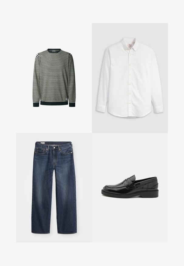 Suéter de manga larga a rayas en color crema y azul marino, con cuello redondo, que presenta líneas horizontales, puños y dobladillo acanalados, y una textura suave.; Camisa blanca de algodón con botones, de manga larga, cuello con solapa y dobladillo curvado. Presenta botones amarillos y una marca sutil.; Jeans de mezclilla azul oscuro con corte recto, diseño de cinco bolsillos, cierre de botón metálico y cremallera, y patrones sutiles de desgaste.; Mocasines de cuero negro con un acabado suave, punta redondeada, tacón bajo y costura decorativa en la parte delantera. Suela de goma para mayor agarre.