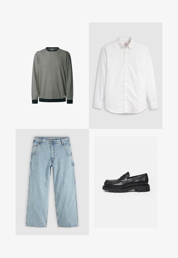 Stribet langærmet sweater i creme og marineblå, rundhals, med vandrette striber, ribbede manchetter og kant, blød tekstur.; Hvid skjorte med knapper, lavet af bomuld, med lange ærmer, krave og en buet kant. Har gule knapper og diskret branding.; Lyseblå straight-leg denim jeans med forlommer, bæltestropper, knaplukning og en sidelomme til værktøj.; Sort læderloafer med tyk rillede sål og penny-remdetalje, vist i højre sideprofil på hvid baggrund.