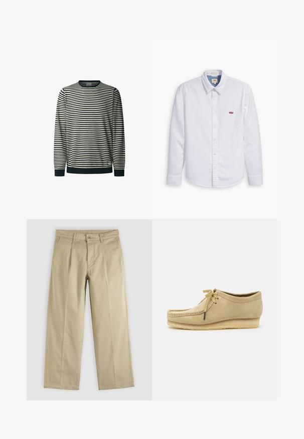 Stribet langærmet sweater i creme og marineblå, rundhals, med vandrette striber, ribbede manchetter og kant, blød tekstur.; Hvid langærmet skjorte med knapper lavet af bomuld. Har en spids krave og et lille rødt Levi's logo på venstre bryst. Glat tekstur.; Beige bukser med lige ben, forreste læg, bæltestropper, sidelommer og knaplukning i taljen.; Beige suedestøvle med snørebåndsdesign, syede detaljer og gummisål. Formen er afslappet med en let hæl.