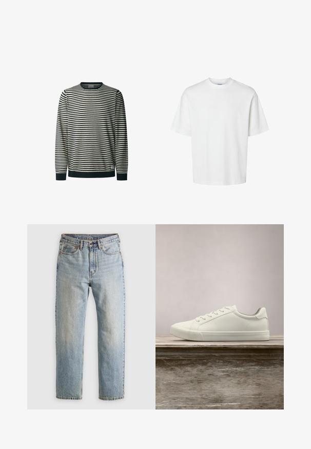 Gestreifter Langarm-Pullover in Creme und Marineblau, Rundhalsausschnitt, mit horizontalen Linien, gerippten Bündchen und Saum, weicher Textur.; Schlichtes weißes T-Shirt mit kurzen Ärmeln, Rundhalsausschnitt und lockerem Schnitt, abgebildet auf weißem Hintergrund.; Helle blaue Jeans mit hoher Taille, Frontknopf, Reißverschluss und fünf Taschen-Design, flach auf einem neutralen Hintergrund ausgelegt.; Weiße Schnürsneaker, die über einer Holzbank mit grünem Laub im Hintergrund schweben und das Schuhdesign sowie die Textur zeigen.