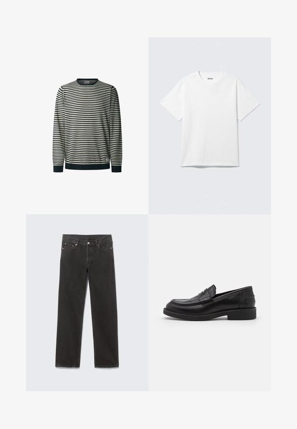 Suéter de manga larga a rayas en color crema y azul marino, con cuello redondo, que presenta líneas horizontales, puños y dobladillo acanalados, y una textura suave.; Camiseta blanca de manga corta con cuello redondo, colocada plana, diseño liso, con etiqueta "WEEKDAY" en el interior del cuello sobre un fondo claro.; Vaqueros de mezclilla negros de pierna recta con bolsillos frontales, trabillas para cinturón y cierre de botón, colocados planos sobre un fondo gris.; Mocasines de cuero negro con puntera redondeada, costuras tonales y un detalle de tira en la parte frontal. Suela de goma con un tacón bajo.