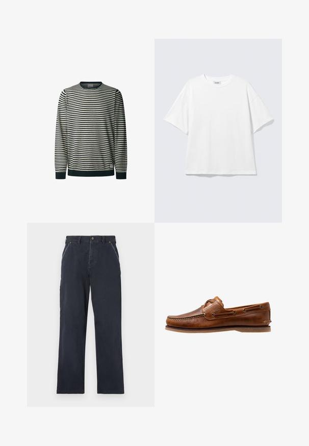 Suéter de manga larga a rayas en color crema y azul marino, con cuello redondo, que presenta líneas horizontales, puños y dobladillo acanalados, y una textura suave.; Camiseta blanca de gran tamaño con mangas cortas, cuello redondo y hombros caídos, plana sobre fondo gris claro.; Pantalones de algodón azul marino con un diseño de pierna recta. Cuenta con bolsillos delanteros, cierre de botón y detalles de costura visibles.; Zapato de barco de cuero marrón con acentos de costura, con ojales de metal, una costura elevada en la puntera y una suela de goma plana.