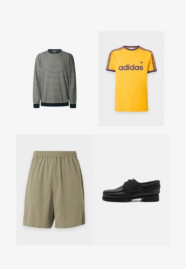 Gestreifter Langarm-Pullover in Creme und Marineblau, Rundhalsausschnitt, mit horizontalen Linien, gerippten Bündchen und Saum, weicher Textur.; Gelbes Adidas T-Shirt mit lila Kragen, Ärmelbündchen, drei Streifen auf den Schultern und großem Adidas-Logo mittig auf der Brust.; Khakifarbene Shorts aus leichtem Stoff mit elastischem Bund, seitlichen Taschen und einem schlanken Design für Komfort.; Schwarzer Schuh mit einem Obermaterial aus Leder, textilen Akzenten, runden Schnürsenkeln und einer strukturierten Gummisohle. Verfügt über Mokassin-Nähte und eine Markeninschrift.