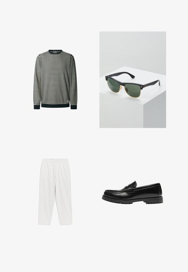 Gestreepte longsleeve trui in crème en marineblauw, ronde hals, met horizontale lijnen, geribbelde cuffs en zoom, zachte textuur.; Witte broek met elastische taille, comfortabele pasvorm, zijzakken, rechte pijpen en lichtgewicht stof.; Zwarte leren loafer met een dikke rubberen zool en klassieke penny-strap details, gezien vanaf de buitenkant.; Ray-Ban zonnebrillen met groene lenzen, zwarte plastic monturen en gouden accenten aan de randen. Vierkante vorm met een matte afwerking.