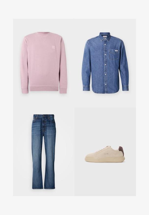 Lyserød sweatshirt lavet af blødt stof, med rund halsudskæring, lange ærmer og en lille firkantet logopatch på fronten.; Denimskjorte i mellemblå med lange ærmer, knaplukning foran og en enkelt brystlomme med en logo-mærkat. Klassisk krave design.; Blå denimjeans med høj talje, flagrende ben, fem-lommers design og tonal syning. Har en knaplukning og nitterede lommer.; Beige ruskind sneakers med rund tå, snørret foran og en brun ruskindsdetalje på hælen. Har en tekstureret gummisål.