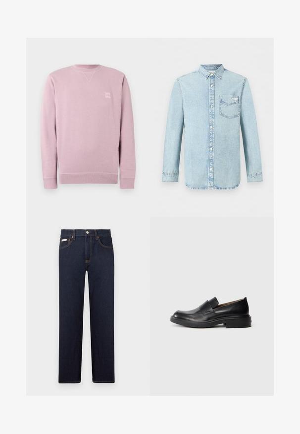 Sweatshirt rose clair en tissu doux, avec un col rond, des manches longues et un petit patch logo carré sur le devant.; Chemise en denim bleu clair à manches longues, fermeture boutonnée devant, une poche poitrine simple avec le logo Calvin Klein, et un col pointu.; Jean en denim bleu foncé avec une coupe droite, un design classique à cinq poches et des coutures orange contrastantes. Comprend une fermeture à bouton en métal.; Chaussure habillée noire en cuir, à enfiler, avec un petit talon et un logo Calvin Klein discret sur le côté, présentée de profil sur un fond blanc.