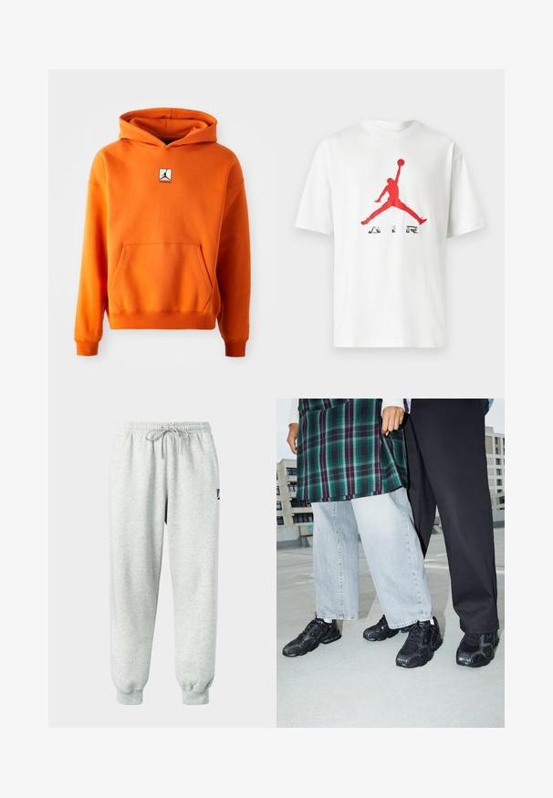 Oranje hoodie met een voorkzak, lange mouwen en een capuchon met trekkoorden. Bevat een zwart-wit logo op de borst. Zachte stoftextuur.; Wit T-shirt met korte mouwen met een rode silhouet van een basketballer die springt en het woord "AIR" eronder aan de voorkant.; Lichtgrijze sweatpants van zacht materiaal met een elastische tailleband, trekkoord en geribbelde boorden; voorzien van een klein logo aan de zijkant.; Zwarte sportieve schoenen met mesh- en rubberaccenten. Draagt een lichtgrijze wijde spijkerbroek en een groen geruit shirt. Effen achtergrond.