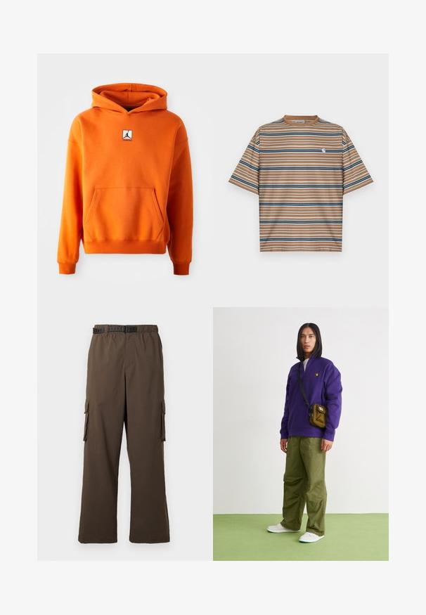 Orange hættetrøje med frontlomme, lange ærmer og snørelukning i hætten. Har et sort og hvidt logo på brystet. Blød stofstruktur.; Brun stribet t-shirt med korte ærmer, med vandrette striber i blå, hvid og marineblå. Indeholder en lille hvid logo på brystet.; Brune cargobukser med løs pasform, elastisk taljebånd og to sidelommer. Har et sort mønstret bælte, glat tekstur.; Jordan AIR JORDAN 1 ZM CMFT 2 - Sneakers high - summit white/bicoastal/oxidized green