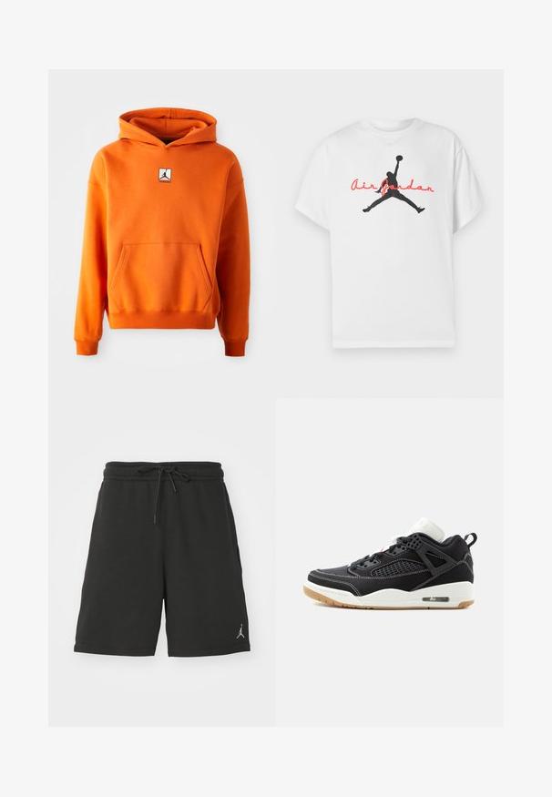 Oranje hoodie met een voorkzak, lange mouwen en een capuchon met trekkoorden. Bevat een zwart-wit logo op de borst. Zachte stoftextuur.; Wit katoenen T-shirt met een zwarte silhouet van een basketballer en rode "Air Jordan" tekst over de borst. Korte mouwen, klassieke pasvorm.; Zwarte sportshorts van zacht materiaal, met een elastische tailleband met koord, zijzakken en een klein logo op het linkerbeen.; Zwart-witte hoge sneaker met witte stiksels, ventilatienet, gumzool en zichtbaar luchtkussen aan de hielzijde.