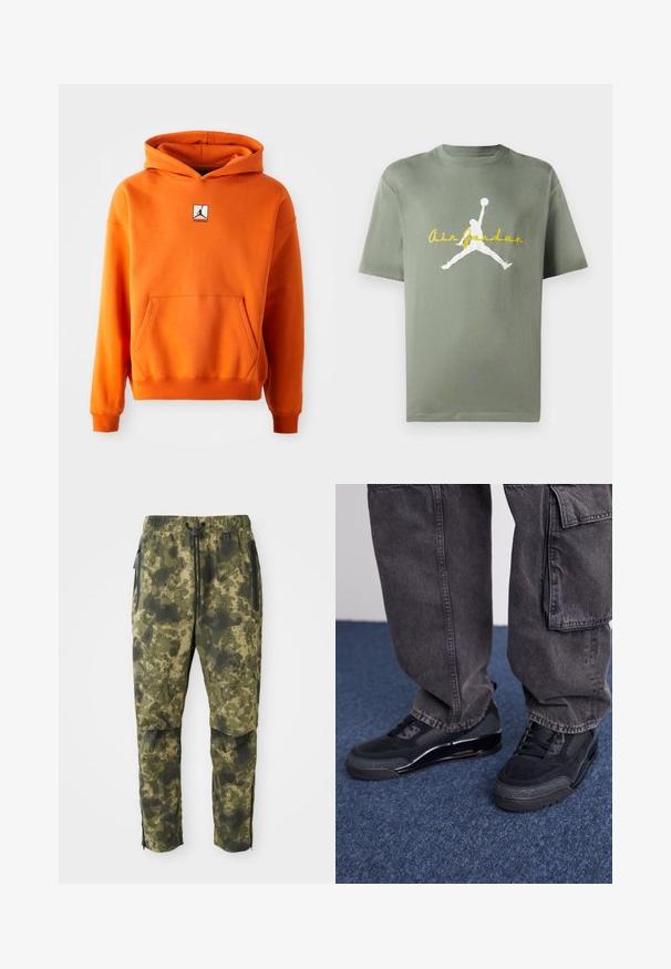 Orange hættetrøje med frontlomme, lange ærmer og snørelukning i hætten. Har et sort og hvidt logo på brystet. Blød stofstruktur.; Olivengrøn bomulds T-shirt med rund hals, der har et hvidt Air Jordan logo og gul tekst nedenfor. Korte ærmer, afslappet pasform.; Kamuflagebukser i forskellige nuancer af grøn med et digitalt mønster. Har elastisk talje, snor og sidelommer med lynlås.; Sorte sportsko med en struktureret overflade, glatte detaljer og en kraftig sål, der er parret med mørke, løstsiddende cargo-bukser.