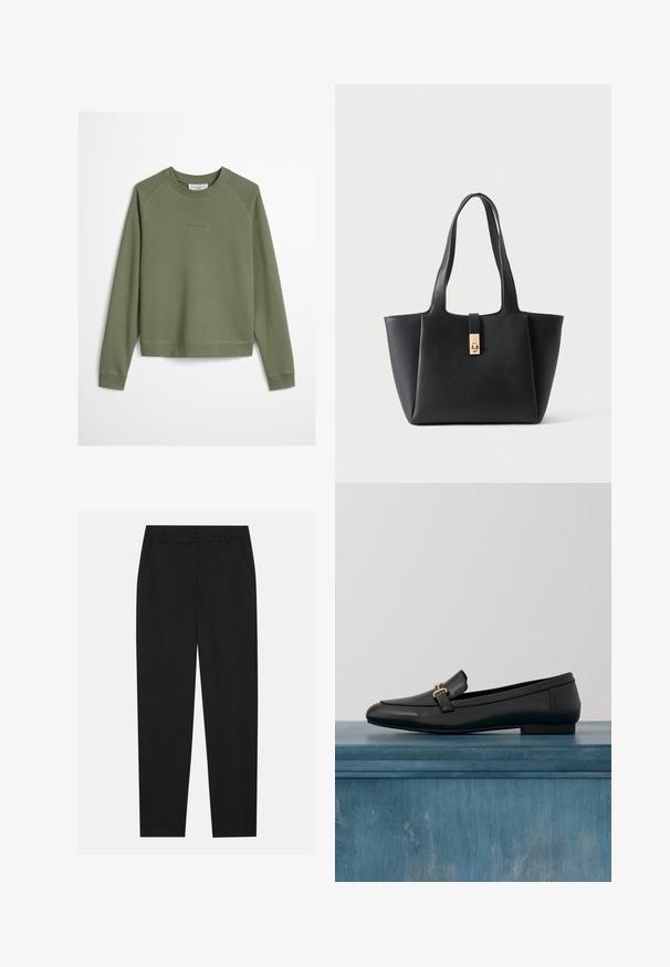Sweatshirt vert olive en tissu doux avec un col rond et de longues manches raglan. Détail de logo subtil au centre devant.; Pantalon noir au design ajusté, doté de poches latérales et d'une jambe droite. Fabriqué en tissu lisse et léger avec une finition élégante.; Mocassin en cuir noir à finition lisse, orné d'un détail en métal doré et d'un bout arrondi, suspendu sur un fond minimaliste.; Sac cabas en cuir noir avec deux longues anses et une fermeture à fermoir rectangulaire doré au centre avant.