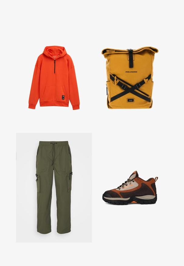 Orangene Kapuzenjacke mit halbem Reißverschluss, Kängurutasche und gerippten Bündchen. Hergestellt aus weichem Stoff, mit einem markierten Etikett am Saum.; Olivgrüne Cargo-Hosen aus leichtem Material mit elastischem Bund, Kordelzug und mehreren Reißverschlusstaschen.; Braunes und beiges Wanderschuh mit schwarzer Sohle, Metallösen, Zugschlaufe an der Ferse und "DC SHOE CO USA"-Branding an der Seite.; Piquadro HARPER ROLLTOP RFID - Tagesrucksack - senape