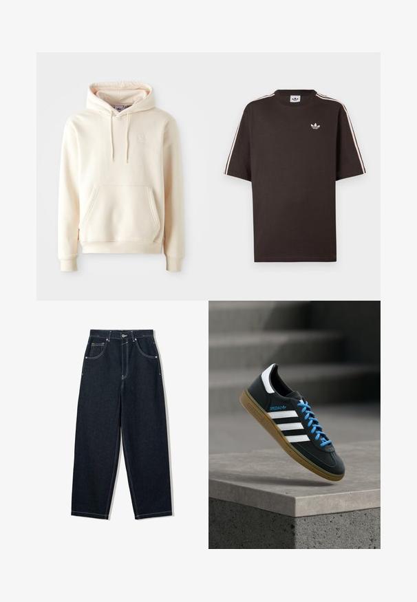 Cremefarbener Hoodie aus weichem Stoff, mit einer Fronttasche, Kapuze mit Kordelzug und einem kleinen weißen Logo auf der Brust.; Braunes Baumwoll-T-Shirt mit kurzen Ärmeln, das weiße Streifen auf den Schultern und ein kleines weißes Logo auf der Brust zeigt.; Weit geschnittene, dunkle Denim-Jeans mit kontrastierendem weißen Nähten, fünf Taschen und einem Knopfverschluss. Mit einem hochgeschnittenen Design.; Schwarzer Adidas-Sneaker mit weißen Streifen, blauen Schnürsenkeln und Gummisohle, der über einer grauen Betontreppe im weichen Licht schwebt.