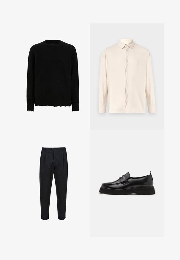 Sort langærmet crewneck sweater med frynsede kanter på ærmer og nederste kant, lavet af et fuzzy strikket stof.; Langærmet skjorte i lys beige med vertikal ribbet tekstur, klassisk krave og frontlukning med matchende knapper.; Sorte bukser lavet af et glat stof, med plisseret for, tætsiddende pasform og optrukne mansjetter. Enkel knaplukning i taljen.; Sorte læder loafersko i stil med flad, tekstureret sål, med en syet tå og en rem over vristen.