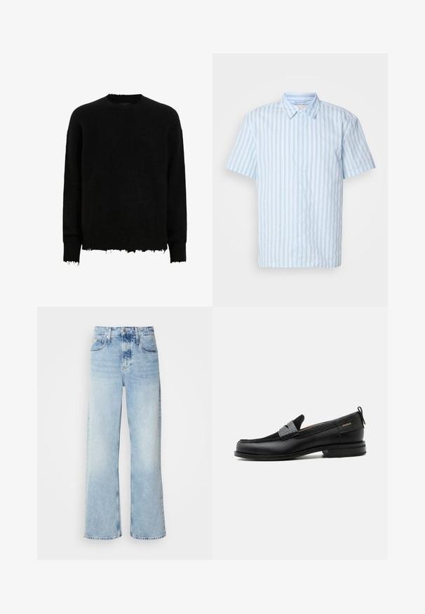 Sort langærmet crewneck sweater med frynsede kanter på ærmer og nederste kant, lavet af et fuzzy strikket stof.; Korte ærmer knap-up skjorte i lyseblåt stof med lodrette striber. Har en spids krave og hvide knapper ned langs fronten.; Lysblå vide jeans med høj talje, der har en falmet finish, bæltestropper og klassisk fem-lomme design. Kantene er rå.; Sort læderloafer med grå remdetalje, lav hæl og tekstureret sål, mærket med "HUGO" i guld på siden.