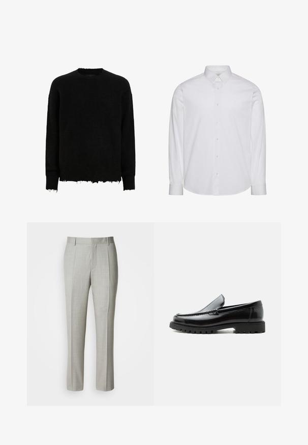 Sort langærmet crewneck sweater med frynsede kanter på ærmer og nederste kant, lavet af et fuzzy strikket stof.; Hvid langærmet skjorte med knapper lavet af bomuld. Har en standardkrave, frontplade med knapper og afrundet kant. Diskret mærkelogo.; Lysegrå, skræddersyede bukser lavet af glat stof med lige snit, for-pressede læg og klassisk linning med bæltestropper.; Sort læderloafer med chunky gummisål, syet overdel og præget mærkenavn på hælen, vist i sideprofil på hvid baggrund.