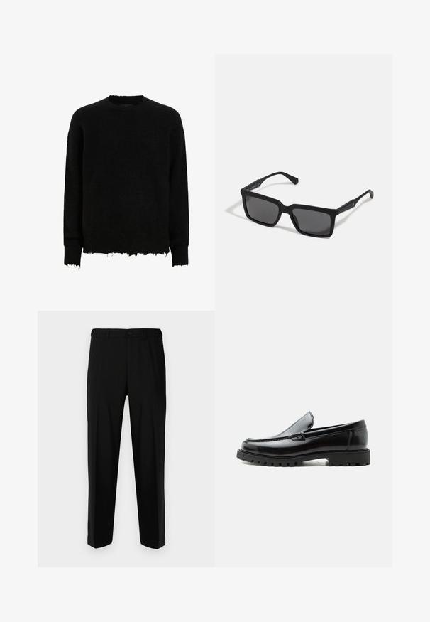Sort langærmet crewneck sweater med frynsede kanter på ærmer og nederste kant, lavet af et fuzzy strikket stof.; Sorte bukser lavet af glat stof, med lige snit, to forlommer og lynlås med knaplukning.; Sort læderloafer med chunky gummisål, syet overdel og præget mærkenavn på hælen, vist i sideprofil på hvid baggrund.; Sorte solbriller med rektangulære linser, mat finish, tykke stel og slanke arme med en subtil brandingdetalje.