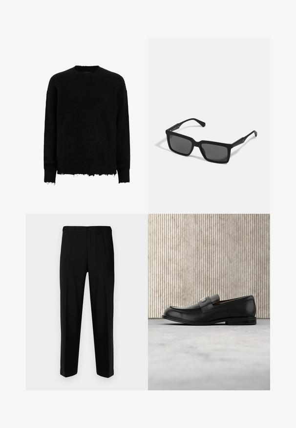 Sort langærmet crewneck sweater med frynsede kanter på ærmer og nederste kant, lavet af et fuzzy strikket stof.; Sorte bukser lavet af glat stof, med lige snit, to forlommer og lynlås med knaplukning.; Sort læderloafer med metalbrandskilt hvilende nær et brunt rundt bord på beige tæppe.; Sorte solbriller med rektangulære linser, mat finish, tykke stel og slanke arme med en subtil brandingdetalje.